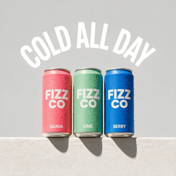 A beverage brand key visual. Three slim aluminium cans in coral, mint and cobalt standing in a tight row on a sunlit plaster ledge, hard shadows, condensation beading. Each can carries a simple wordmark reading "FIZZ CO" and a different flavour word. A bold headline arcs above them reading "COLD ALL DAY". Playful modern packaging campaign photography, print quality, no watermark, no other text.