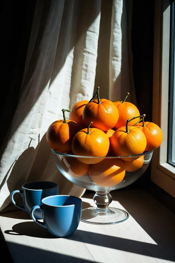 Editorial still life of a glass bowl of ripe oranges and blue ceramic cups on a sunlit windowsill, hard morning light, crisp shadows, soft linen curtain, medium format photo, no text