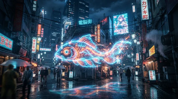 A futuristic koi fish made of glowing liquid neon light, swimming through the humid air of a cyberpunk Tokyo street at night. The fish leaves a trail of light particles. Background features towering skyscrapers with holographic billboards, neon signs in Japanese, and wet pavement reflecting the vibrant colors. Cinematic lighting, photorealistic, 8k.