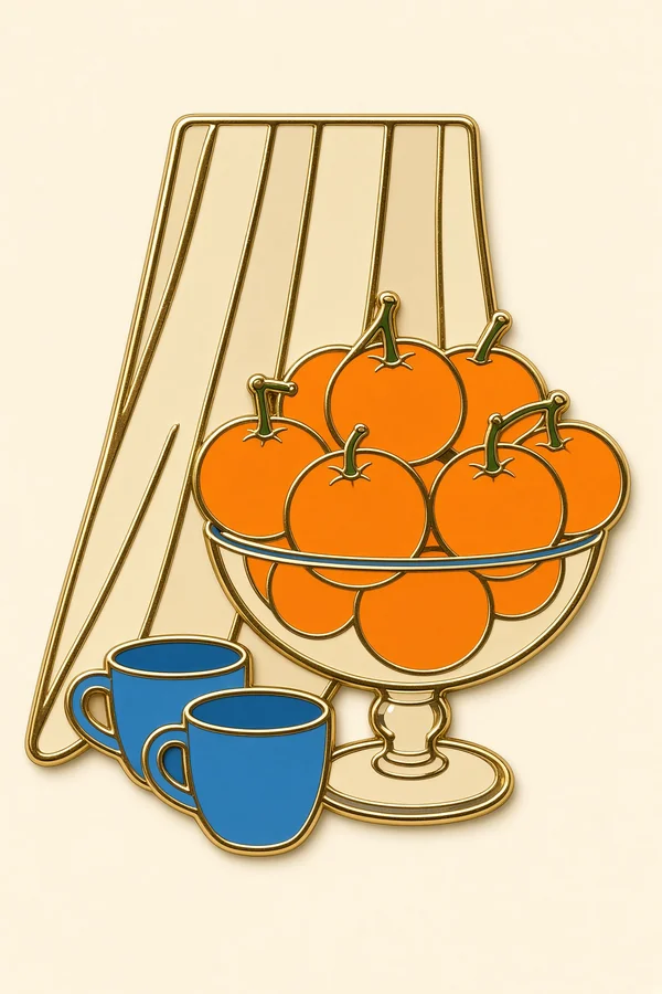 Turn this into a vintage enamel pin design: thick dark outlines, three flat colors, glossy metal edges, centered on a plain cream background