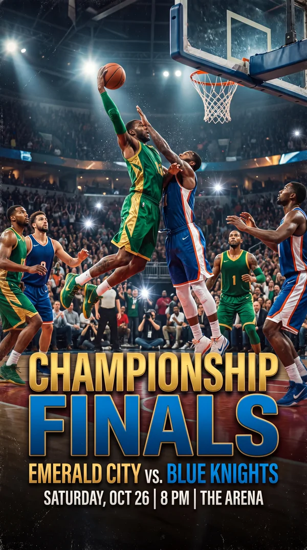 Epic basketball championship sports poster. Vertical 9:16 format. Dramatic composition with dynamic action scene featuring two basketball teams in contrasting color schemes - emerald green and deep blue uniforms. Players in intense athletic action poses. Professional stadium atmosphere with dynamic lighting. Bold modern typography with match announcement text. High-energy sports marketing design with cinematic composition, vibrant colors, strong contrast, professional sports photography style.