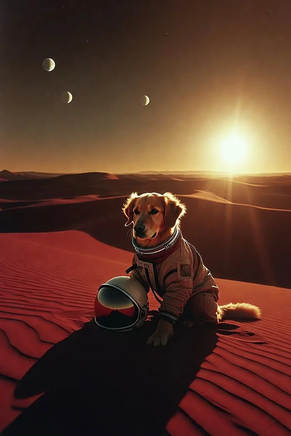 A golden retriever astronaut sitting on a red desert dune at sunrise, helmet under one paw, long shadows, wide sky with two small moons, photoreal, warm film grain, no text