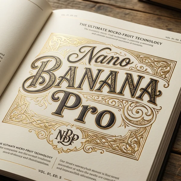 Premium editorial design: intricate typography spelling "Nano Banana Pro" in ornate serif display type with gold foil accents. Complex multi-layer composition, luxury magazine spread, delicate filigree borders, subtle drop shadows. Hard scenario: crisp text rendering at small scale, mixed font weights, embossed letterforms. No faces, no objects. Pure typographic showcase.