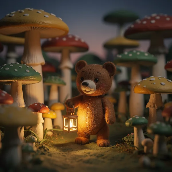 Claymation stop-motion character scene, a tiny felt bear holding a tiny lantern in a mushroom forest at twilight, handmade craft texture, soft tilt-shift focus, Wes Anderson color palette, overhead key light, square 1:1.