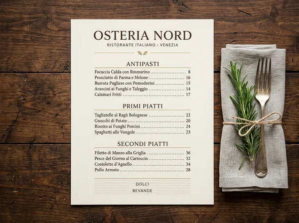 A restaurant menu design shot flat on a dark walnut table: a cream single-page menu with an elegant serif header reading "OSTERIA NORD", three sections of dishes in small type with dotted price leaders, a thin gold rule, a sprig of rosemary and a linen napkin beside it, warm overhead light. Art-directed print design still life, no watermark.