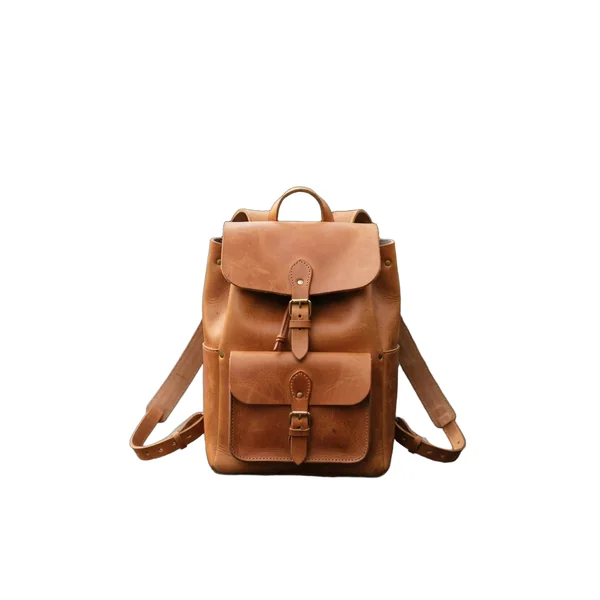 A tan leather backpack cut out from a park bench