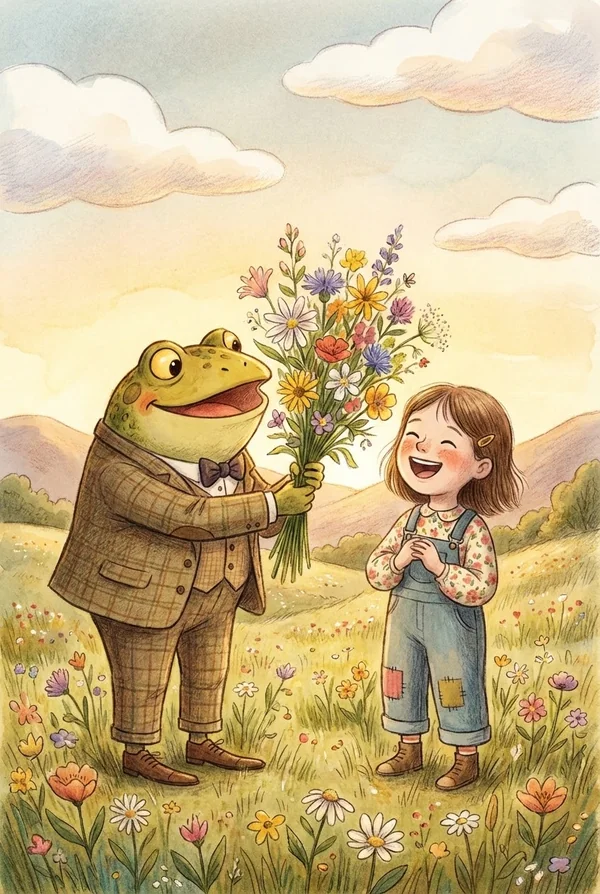 A friendly toad in a suit giving a bouquet of flowers to a young girl, whimsical illustration style, warm lighting. Background: sunny meadow with wildflowers and distant hills, soft clouds in the sky, vertical composition