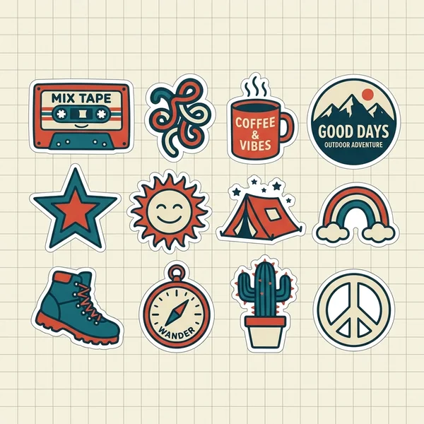 A die-cut sticker sheet laid flat: a dozen bold illustrated stickers on a pale grid background, chunky outlines and flat colour, a smiling cassette, a lightning-free abstract squiggle, a coffee cup, a mountain badge reading "GOOD DAYS", a star, a wavy sun, cohesive retro palette of cream, tomato red and deep teal. Flat artwork, no mockup, no watermark.