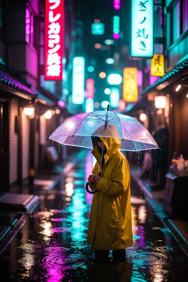 Rainy Tokyo back alley at night, a woman in a yellow raincoat holding a transparent umbrella, neon signs reflected in puddles, shallow depth of field, cinematic 35mm photo, rich teal and magenta light, no text