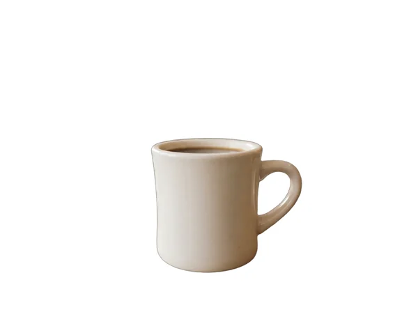 A white coffee mug cut out from a busy cafe table