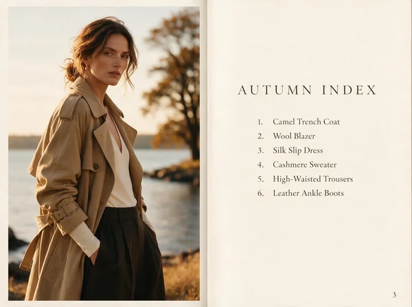 A fashion lookbook spread. Two-column layout: a full-bleed photograph of a model in a camel trench on the left, a bone-white page on the right carrying a large serif season title reading "AUTUMN INDEX", a numbered list of six garments in small type, and a folio number in the corner. Editorial print design, generous margins, muted palette, no watermark, no other text.