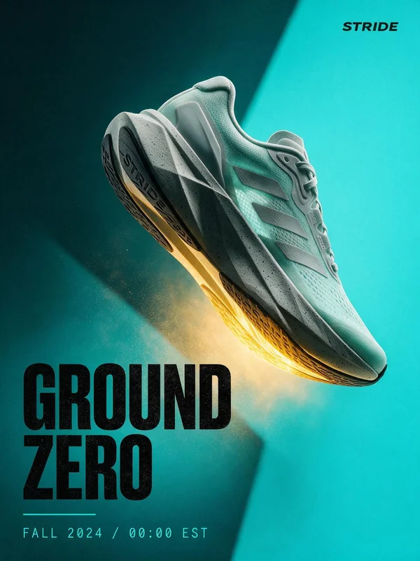 A sneaker launch key visual. A single running shoe shot floating against a hard cyan gradient, dramatic underlight, dust suspended around it. A heavy condensed headline stacked bottom-left reading "GROUND ZERO", a thin rule and a release date line beneath, a small wordmark reading "STRIDE" top-right. Bold sportswear advertising design, print quality, no watermark, no other text.
