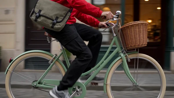 Kling 4.0 video from two reference images: the courier in the red jacket riding the mint green bicycle on a cobbled street, filmed from the side