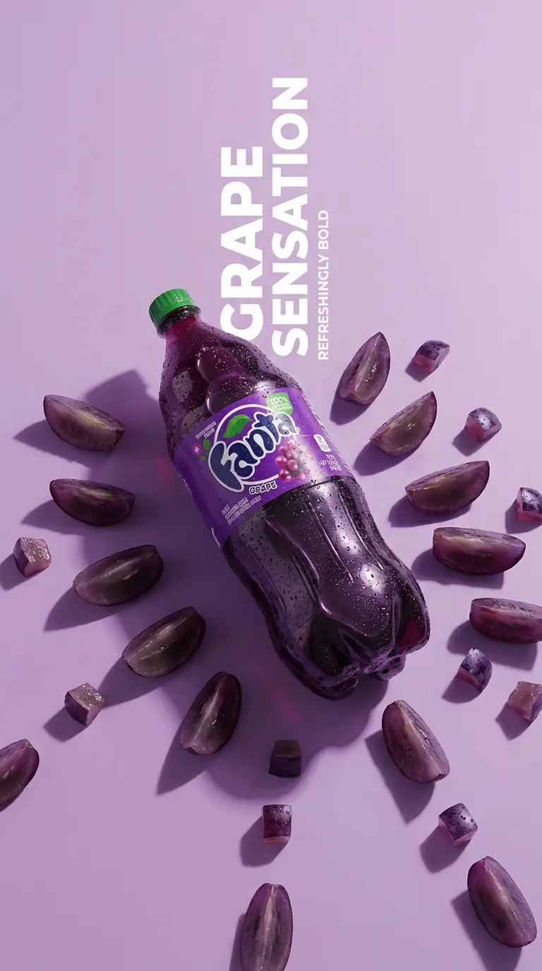 Professional AI generated grape soda beverage advertisement with dynamic lighting