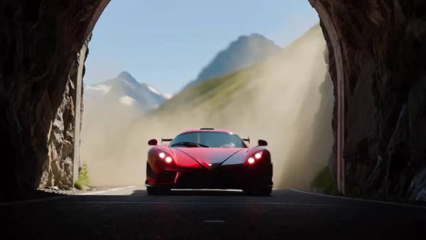 Supercar chased down an alpine pass by a low flying jet
