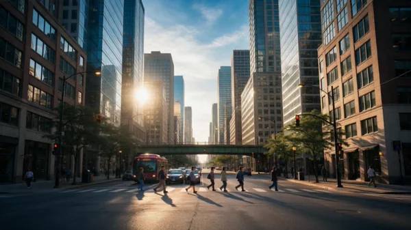 City intersection turning into a world built from cubes